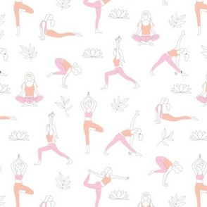 Yoga teacher girls and pilates poses healthy life theme with lotus flowers and leaves pink peach blush on white  