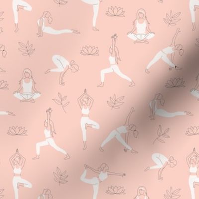 Yoga teacher girls and pilates poses healthy life theme with lotus flowers and leaves white gray outline on soft pink  