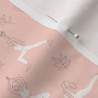 Yoga teacher girls and pilates poses healthy life theme with lotus flowers and leaves white gray outline on soft pink  