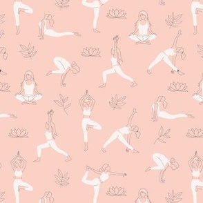 Yoga girls and pilates poses healthy life theme with lotus flowers and leaves white gray outline on soft pink  