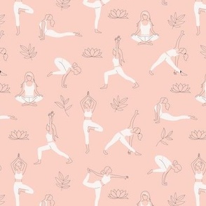 Yoga teacher girls and pilates poses healthy life theme with lotus flowers and leaves white gray outline on soft pink  