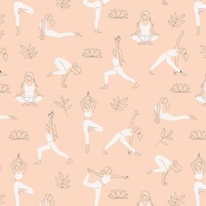 Yoga teacher girls and pilates poses healthy life theme with lotus flowers and leaves white gray outline on peach blush 