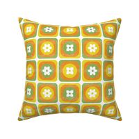 Retro 70s Flower Square Circle - Green Orange Yellow