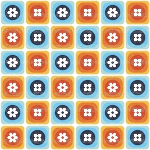 Retro 70s Flower Square Circle - Blue Orange