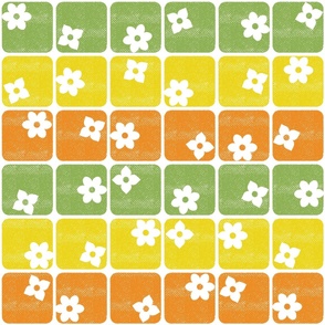 Retro 70s Flowers Squares - 3 Stripes - Yellow Orange Green 