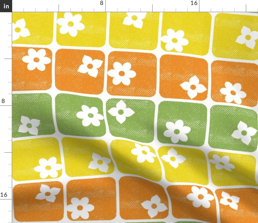Retro 70s Flowers Squares - 3 Stripes - Yellow Orange Green 