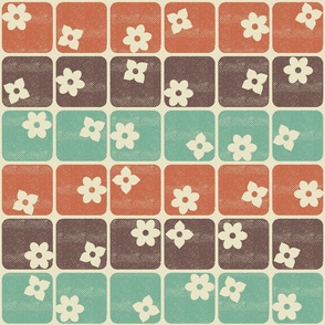 Retro 70s Flowers Squares - 3 Stripes - Orange Teal Brown