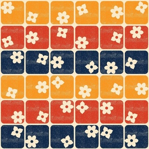 Retro 70s Flowers Squares - 3 Stripes - Orange Blue Yelloe