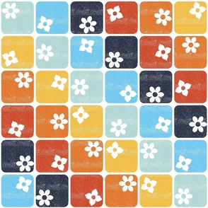 Retro 70s Flowers Squares – Diagonal Blue Orange