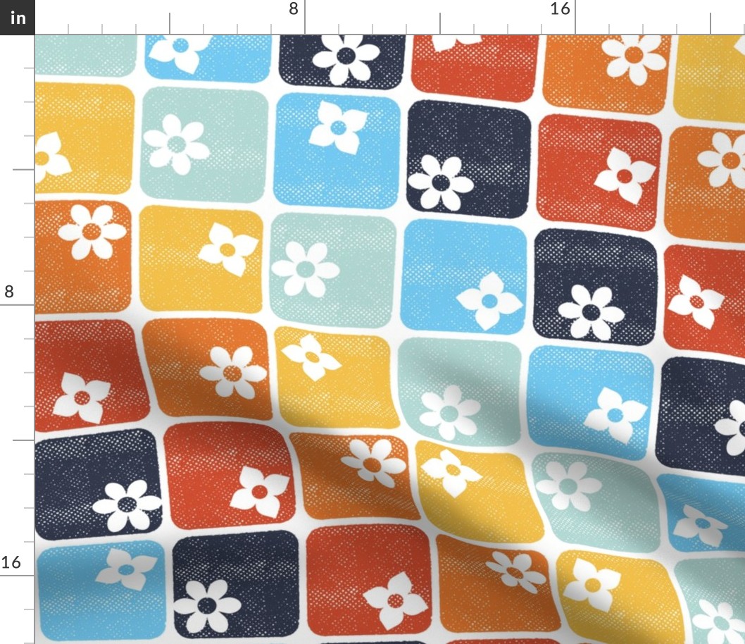 Retro 70s Flowers Squares – Diagonal Blue Orange