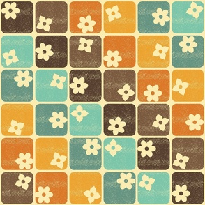 Retro 70s Flowers Squares – Diagonal Brown Teal Orange