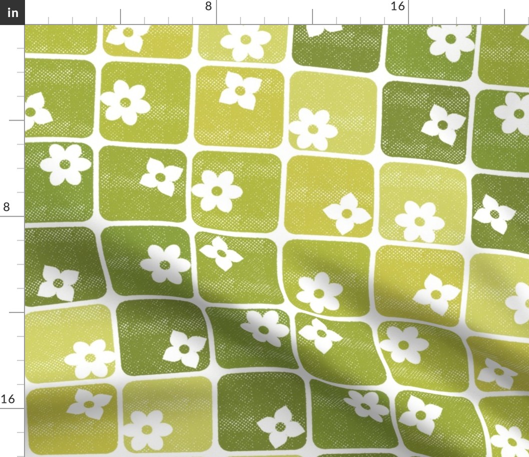 Retro 70s Flowers Squares – Diagonal Green Ombre