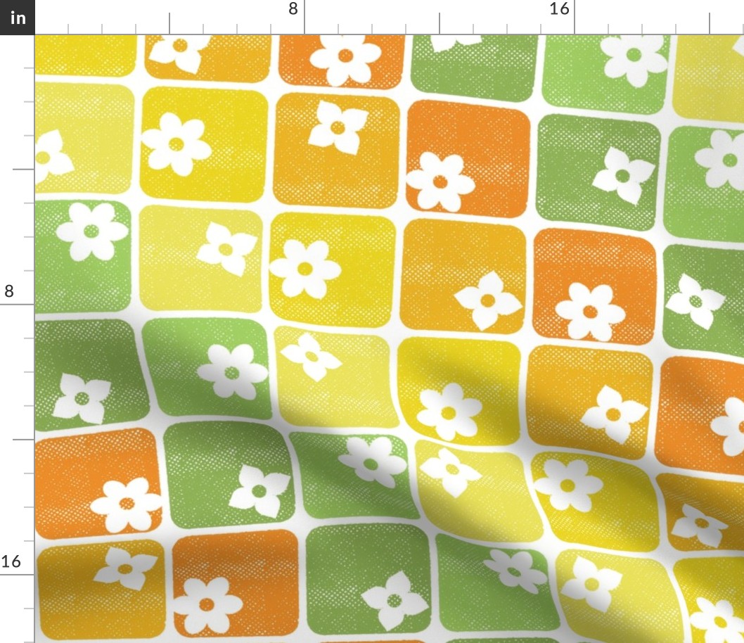 Retro 70s Flowers Squares – Diagonal Orange Yellow Green