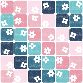Retro 70s Flowers Squares – Diagonal Blue Pink