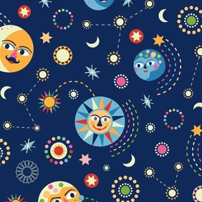 Retro Celestial Sun and Moon Midnight Blue Large Scale