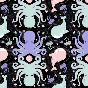 Pastel octopus and orcas in space with jellyfish and starfish