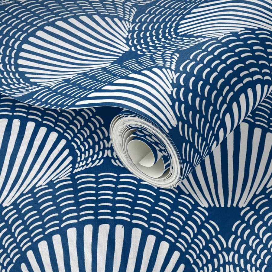 SMALL Scallop Shell Navy Oceanscape Wallpaper | Spoonflower