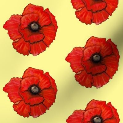 Watercolor Red Poppies on pale yellow
