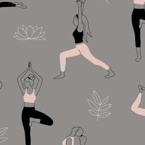 Yoga girls and pilates poses healthy life theme with lotus flowers and leaves blush white on gray  LARGE 
