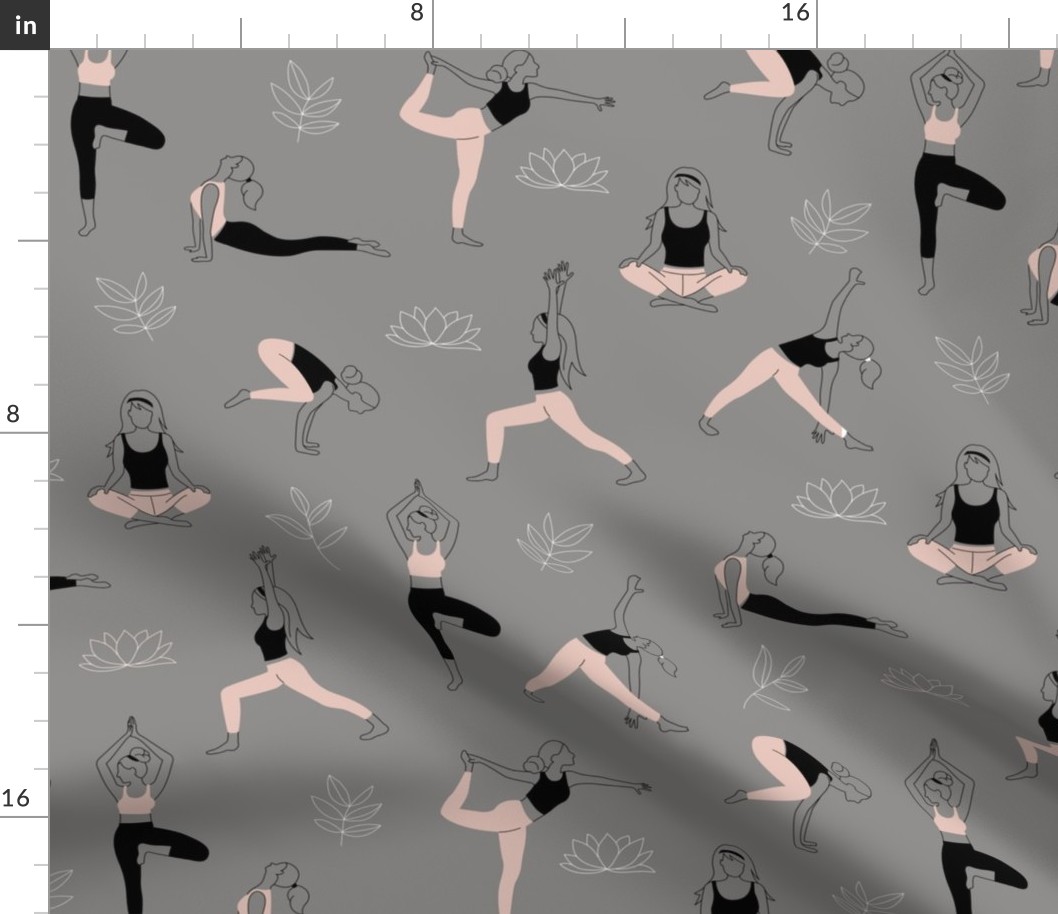 Yoga girls and pilates poses healthy life theme with lotus flowers and leaves blush white on gray  LARGE 