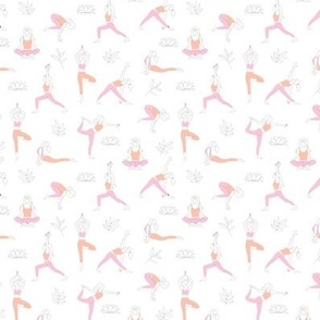 Yoga girls and pilates poses healthy life theme with lotus flowers and leaves pink peach blush on white  SMALL  