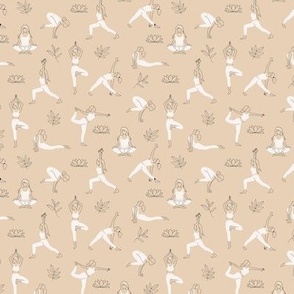 Yoga girls and pilates poses healthy life theme with lotus flowers and leaves black and white on soft beige sand caramel SMALL  