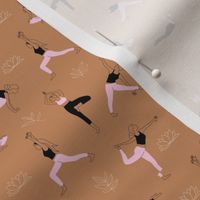 Yoga girls and pilates poses healthy life theme with lotus flowers and leaves  outline white black pink on burnt orange sienna SMALL 