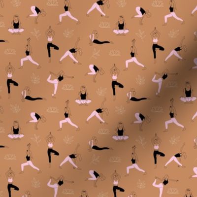 Yoga girls and pilates poses healthy life theme with lotus flowers and leaves  outline white black pink on burnt orange sienna SMALL 