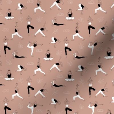 Yoga girls and pilates poses healthy life theme with lotus flowers and leaves  outline black and white on moody rose SMALL 