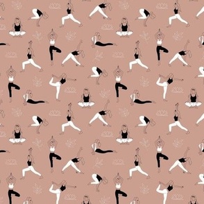 Yoga girls and pilates poses healthy life theme with lotus flowers and leaves  outline black and white on moody rose SMALL 