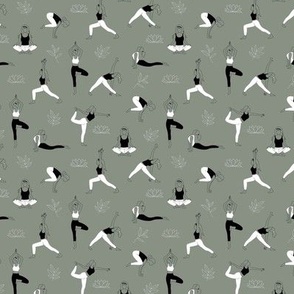 Yoga girls and pilates poses healthy life theme with lotus flowers and leaves  outline black and white on cool camo green SMALL 
