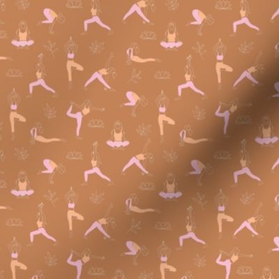 Yoga girls and pilates poses healthy life theme with lotus flowers and leaves  white pink orange on rust burnt orange SMALL 