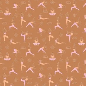 Yoga girls and pilates poses healthy life theme with lotus flowers and leaves  white pink orange on rust burnt orange SMALL 