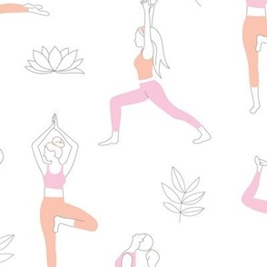 Yoga girls and pilates poses healthy life theme with lotus flowers and leaves pink peach blush on white  LARGE 