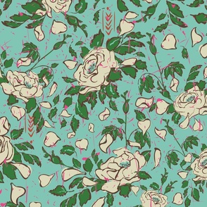 boho kitsch scratchy roses on AQUA