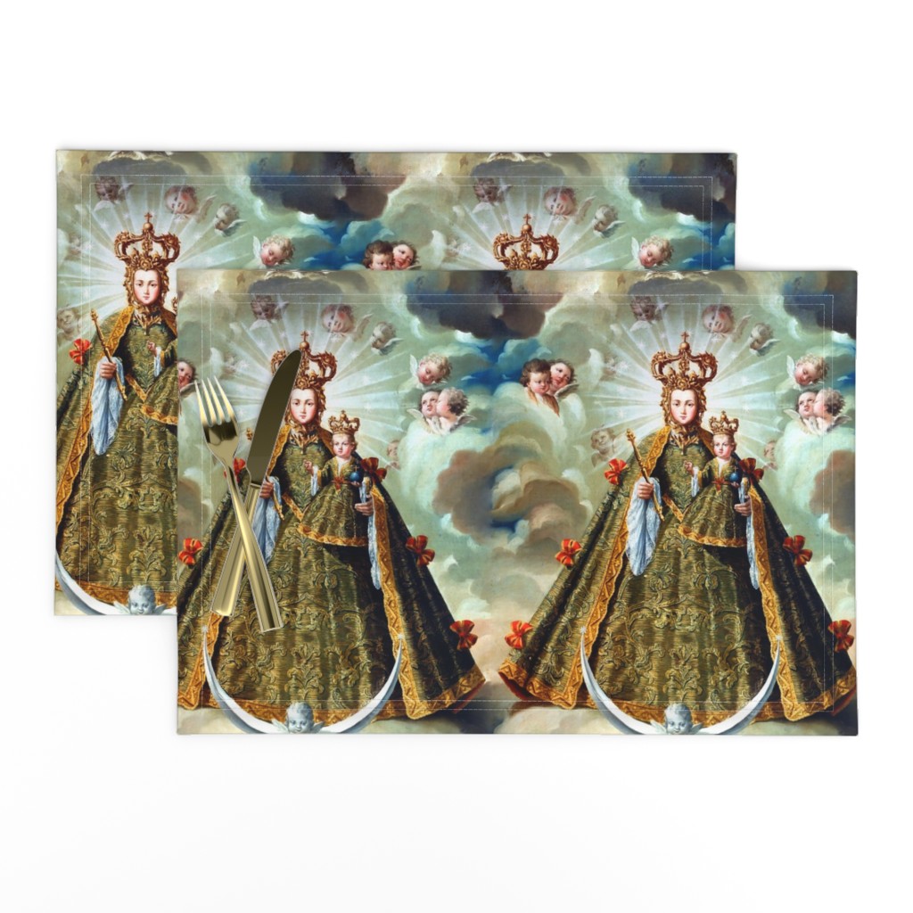 24 stars green sky clouds heaven halo angels Jesus Christ Virgin Mary Christianity Catholic religious mother Madonna child baby motherhood crown cherub gown dress brocade bows embroidery lace ornate beautiful lady woman Victorian crescent moon 17th centur