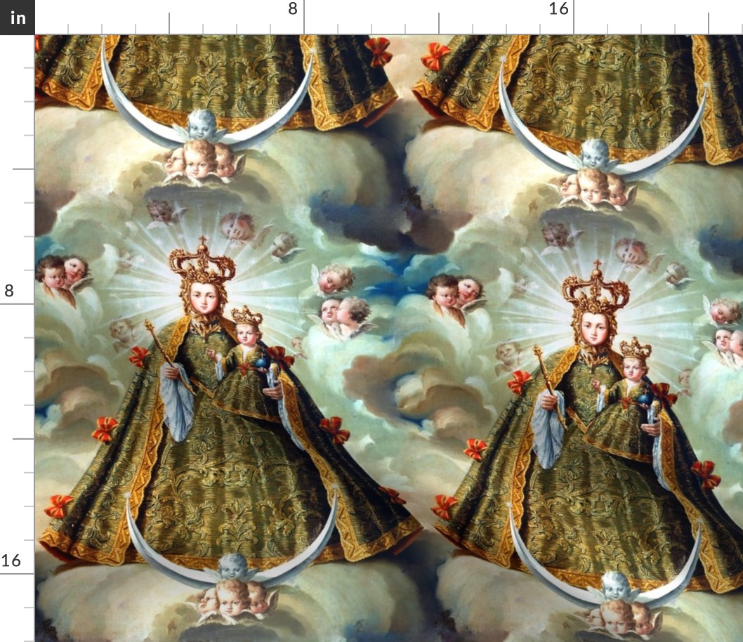 24 stars green sky clouds heaven halo angels Jesus Christ Virgin Mary Christianity Catholic religious mother Madonna child baby motherhood crown cherub gown dress brocade bows embroidery lace ornate beautiful lady woman Victorian crescent moon 17th centur
