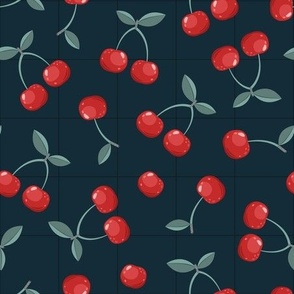 Red cherries on dark blue background