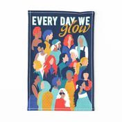 Every day we glow International Women's Day wall hanging or tea towel // midnight navy blue background teal, mint, electric blue neon orange red and gold humans 