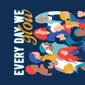 Every day we glow International Women's Day wall hanging or tea towel // midnight navy blue background teal, mint, electric blue neon orange red and gold humans 
