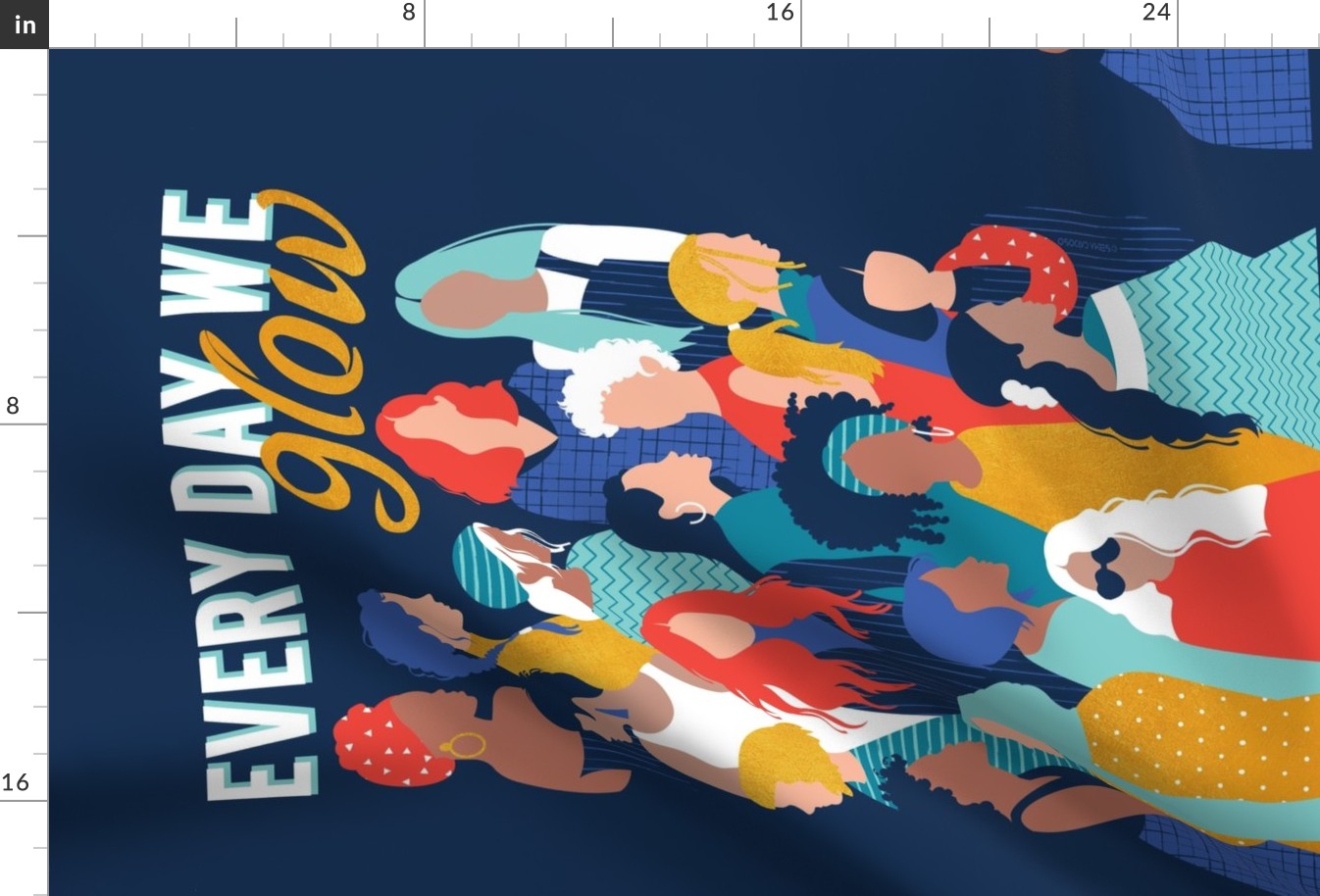 Every day we glow International Women's Day wall hanging or tea towel // midnight navy blue background teal, mint, electric blue neon orange red and gold humans 