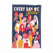 Every day we glow International Women's Day wall hanging or tea towel // midnight navy blue background pastel and fuchsia pink coral vivid red and gold humans 