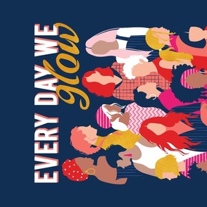 Every day we glow International Women's Day wall hanging or tea towel // midnight navy blue background pastel and fuchsia pink coral vivid red and gold humans 