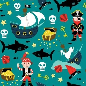 Pirates and treasures in the ocean teal
