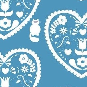 Scandinavian Folk Art Hearts with cats on Teal