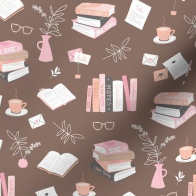 I love books cozy home reading and journaling notebooks and letters flower vase and glasses  nerd design pink on stone red blush 