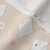 I love books cozy home reading and journaling notebooks and letters flower vase and glasses  nerd design pink orange blush pastel 