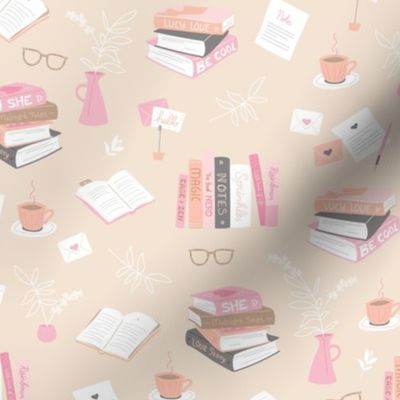 I love books cozy home reading and journaling notebooks and letters flower vase and glasses  nerd design pink orange blush pastel 