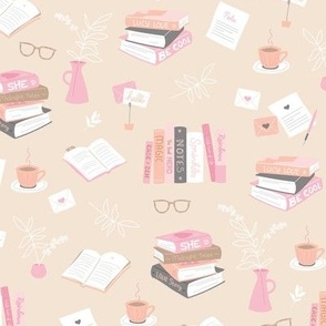 I love books cozy home reading and journaling notebooks and letters flower vase and glasses  nerd design pink orange blush pastel 