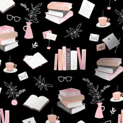 I love books cozy home reading and journaling notebooks and letters flower vase and glasses  nerd design pink blush beige on black 